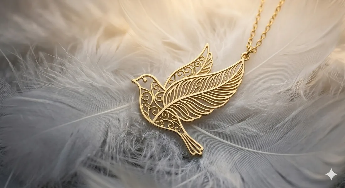 A finch-and-feather pendant, the Emily Dickinson collection