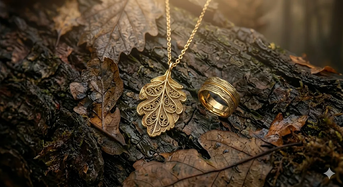 A gold oak-leaf pendant resting on dark, damp bark